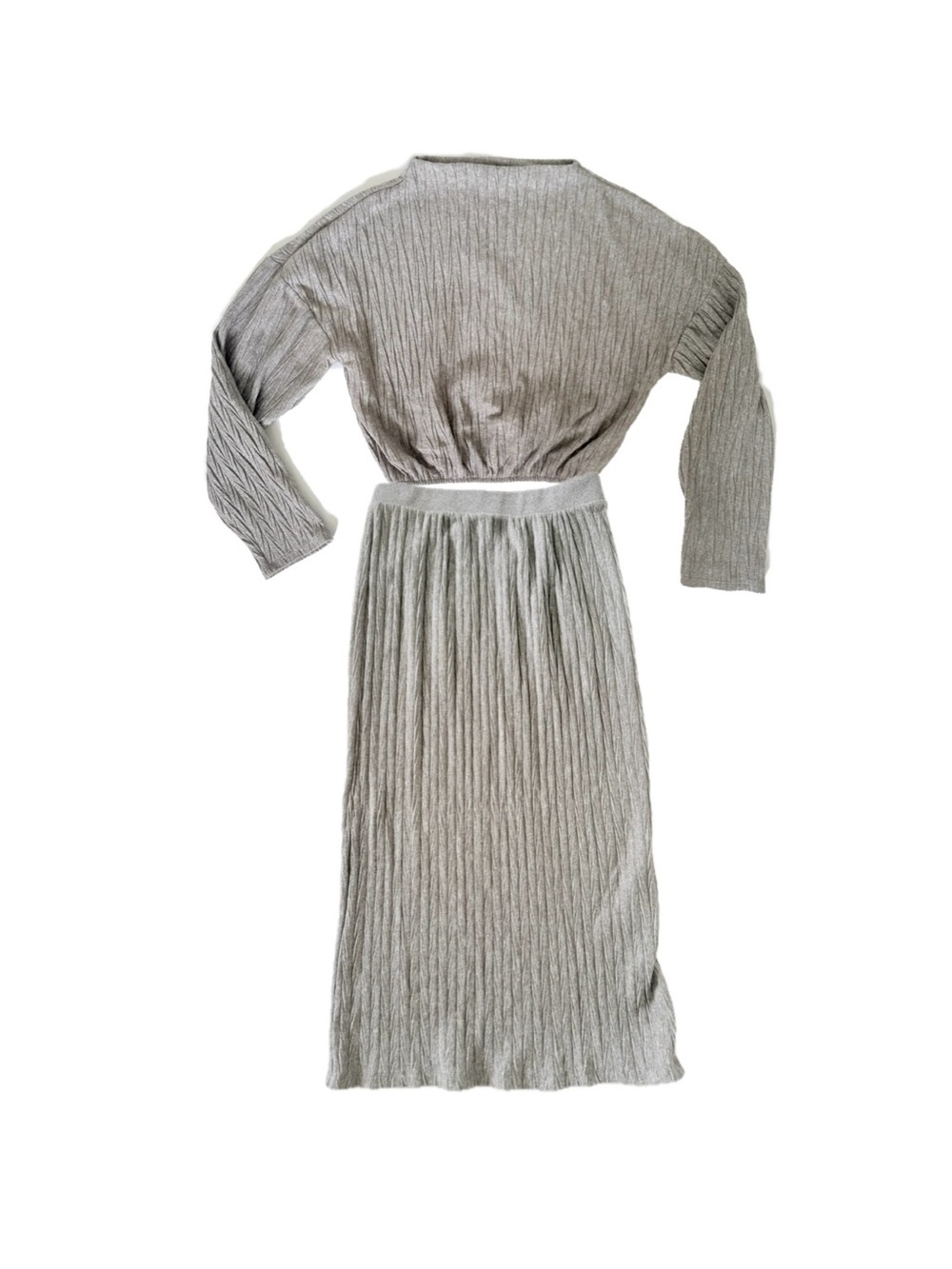 Zara Ribbed Knit Two-Piece Skirt Set in Light Gray